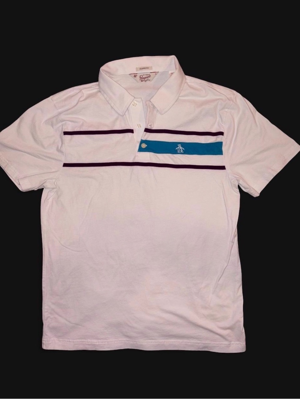 Original Penguin White Polo with Teal and Maroon Chest Stripes